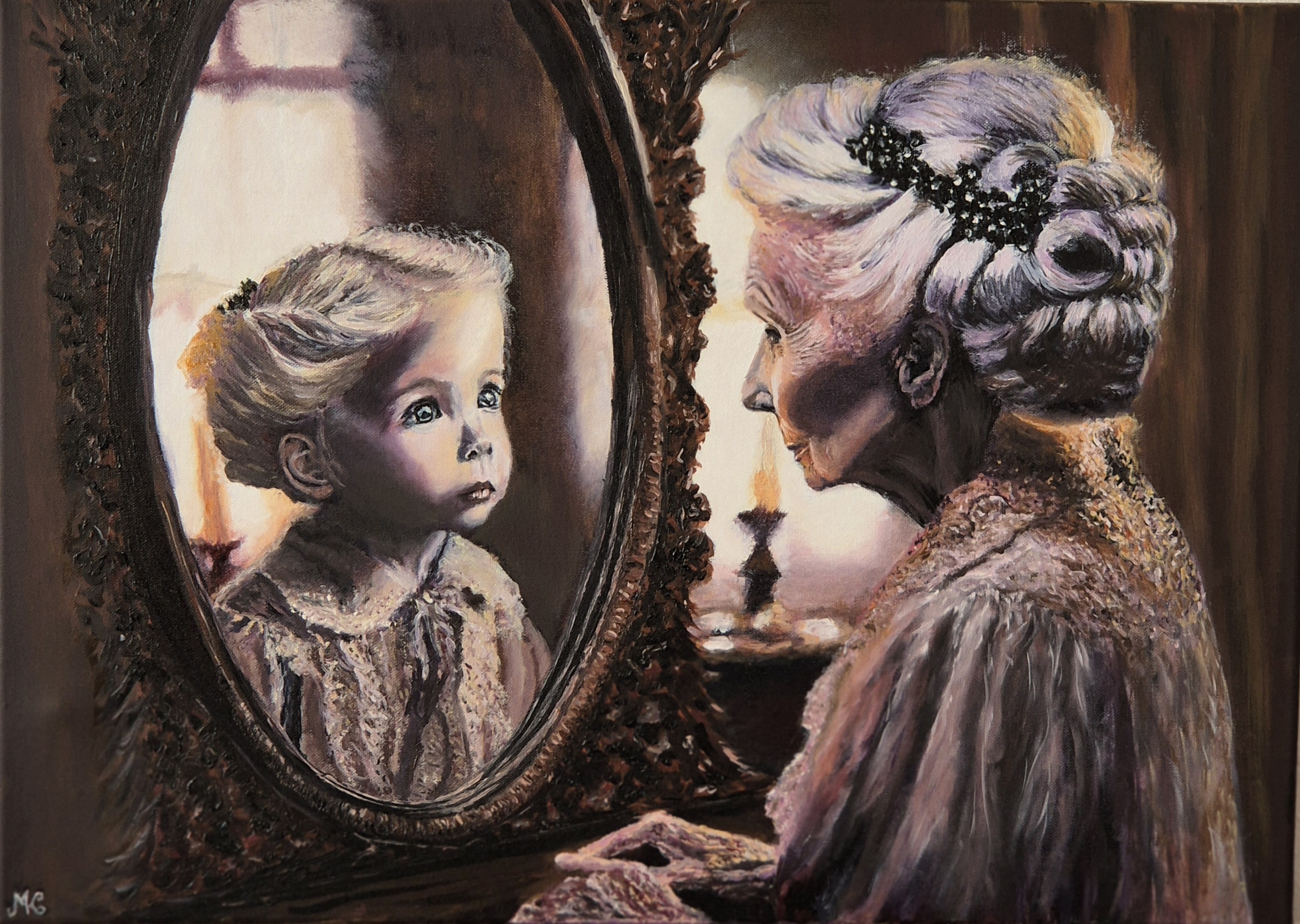 Klasterka%20Melinda Az%20ido%CC%8B%20tu%CC%88kre%CC%81ben 70x50 va%CC%81szonra%2C%20vegyes%20technika%CC%81val akril %20olaj - ValdorArt