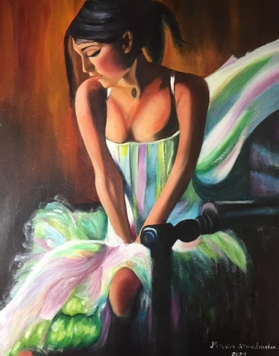 fehér ruhás női portré olajfestékkel