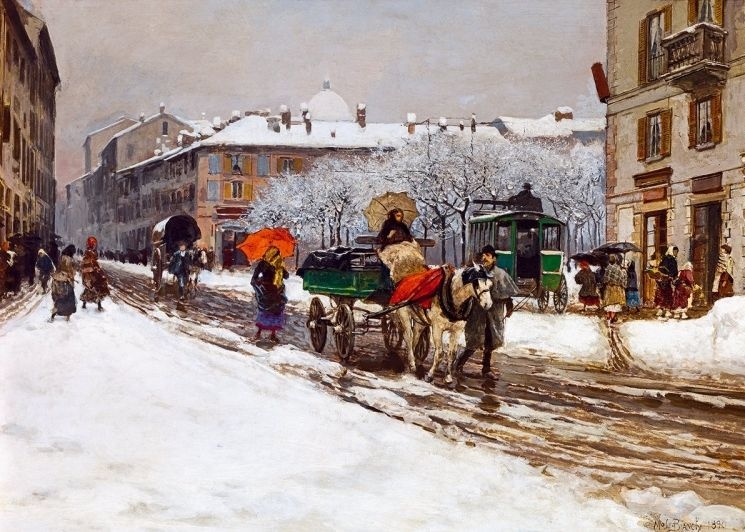 BIANCHI, MOSE (1840 - 1904) Téli utcakép, 1890 BIANCHI, MOSE (1840 - 1904) Téli utcakép, 1890